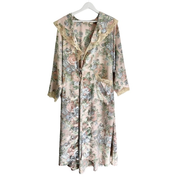 Victoria's Secret Other - Vintage Victoria’s Secret Gold Label Satin Floral Lace‎ Midi Robe Pink Medium
